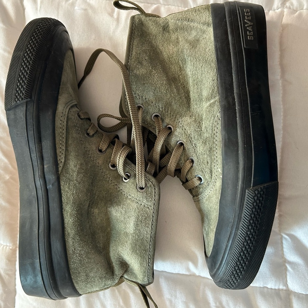 SeaVees Olive Green Suede High-Top Sneakers with Black Platform Sole